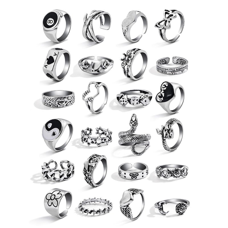 IFKM 24PCS Vintage Silver Knuckle Rings Set for Women, Stackable Joint Finger Statement Rings Bohemian Retro Hollow Carved Midi, Boho Halloween Skeleton Skull Snake Heart Chunky Stacking Pack (Retro) - Image 2