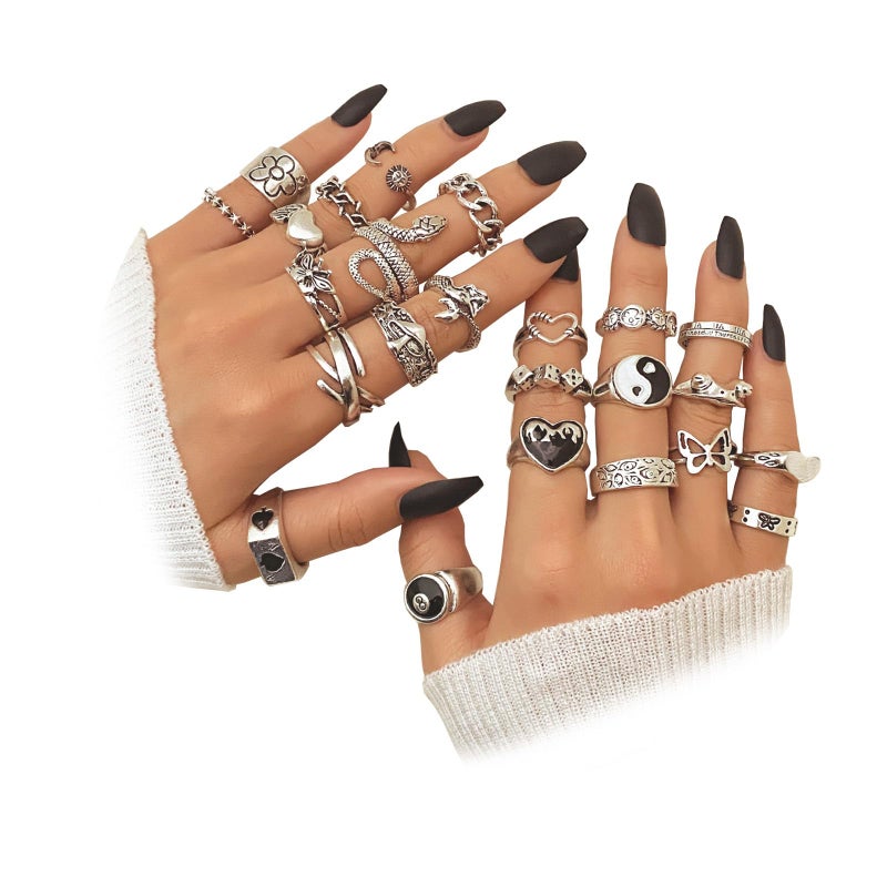 IFKM 24PCS Vintage Silver Knuckle Rings Set for Women, Stackable Joint Finger Statement Rings Bohemian Retro Hollow Carved Midi, Boho Halloween Skeleton Skull Snake Heart Chunky Stacking Pack (Retro) - Image 1