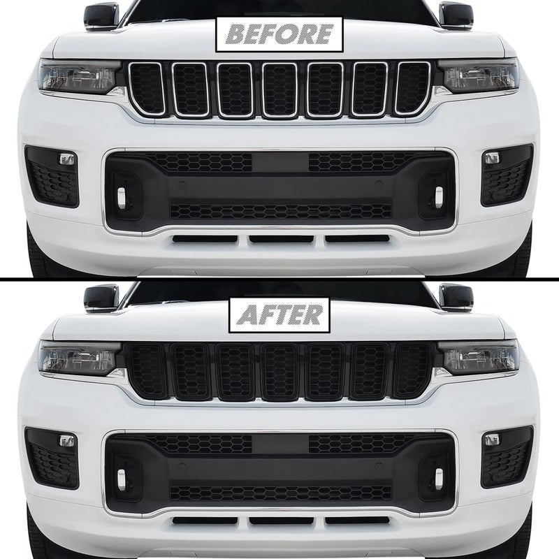 SlickMod Chrome Delete Blackout Vinyl Overlay for 2021-2023 Jeep Grand Cherokee L Grill Trim (1. Upper Grill Trim, Gloss Black)