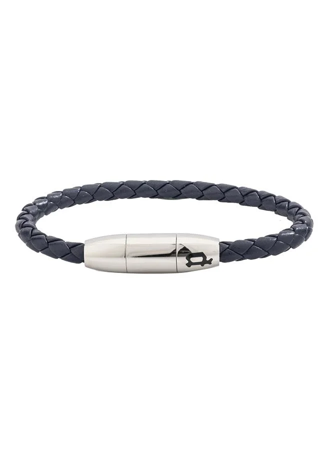 POLICE Unique Accent Silver Stainless Steel Black Leather Braided Bracletet for Men
