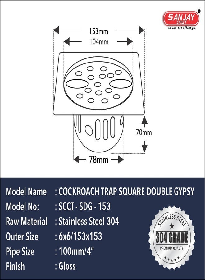 SANJAY CHILLY Double Hole SS Floor Drain with Cockroach Trap 304 Grade Drainer Strainer Cover Jali Safety from Cockroach & Insects in Sink & Toilet Bathtub (Square Gypsy - 2 Holes - 6x6 Inch) - Image 5