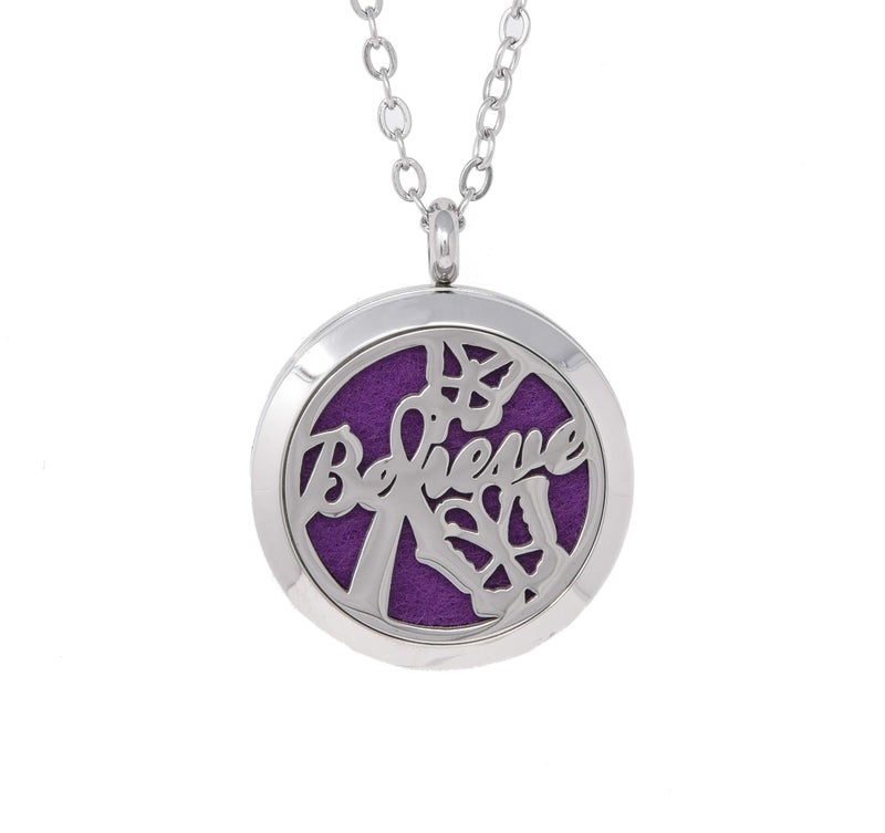 Aromatherapy Essential Oil Diffuser Stainless Steel 30MM Silver Magnetic Locket Pendant 2 Sizes Chain Necklace Refill Pads Diffuser Bracelet in a Velvet Bag Believe