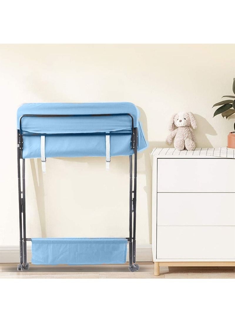 EZdenK - Baby Folding Changing Table with Wheels, Adjustable Height Folding Portable Diaper Station Nursery Organizer with Newborn Clothes Drying Rack and Storage Rack for Infant - Image 1