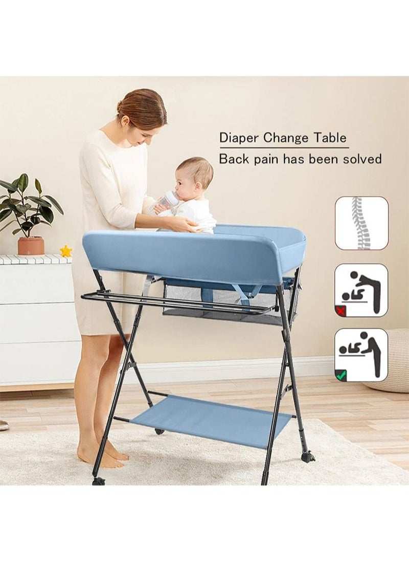 EZdenK - Baby Folding Changing Table with Wheels, Adjustable Height Folding Portable Diaper Station Nursery Organizer with Newborn Clothes Drying Rack and Storage Rack for Infant - Image 1