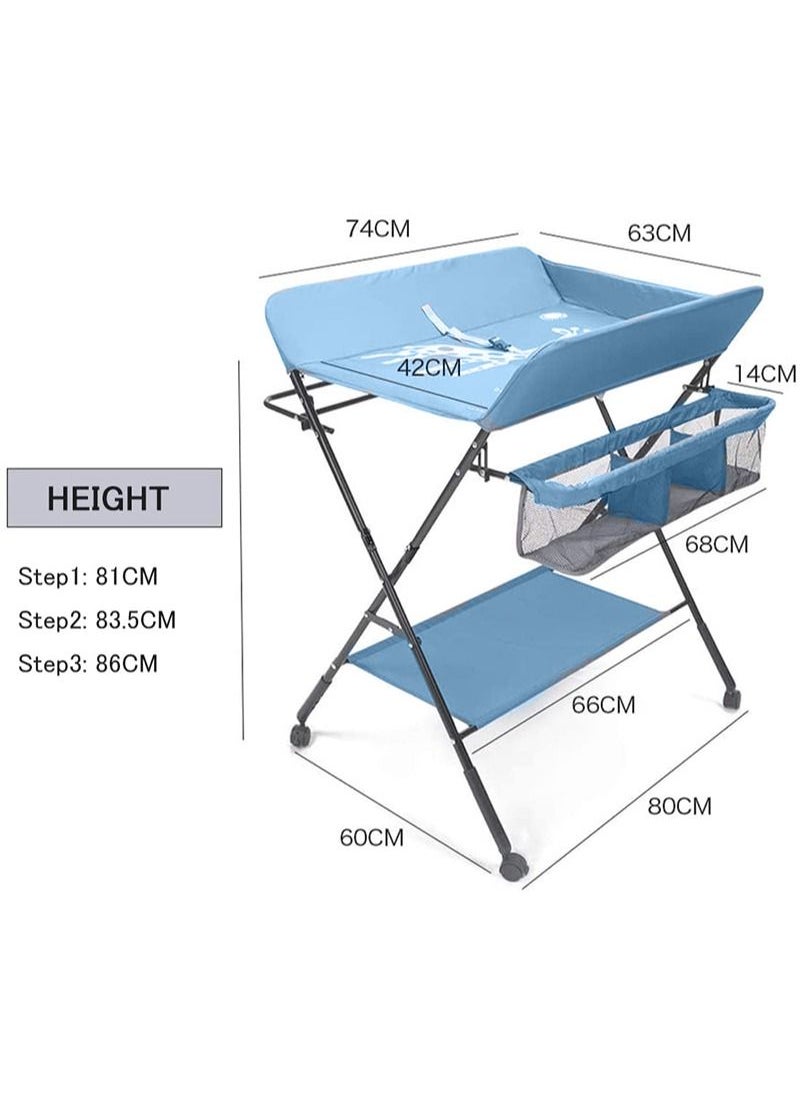 EZdenK - Baby Folding Changing Table with Wheels, Adjustable Height Folding Portable Diaper Station Nursery Organizer with Newborn Clothes Drying Rack and Storage Rack for Infant - Image 1