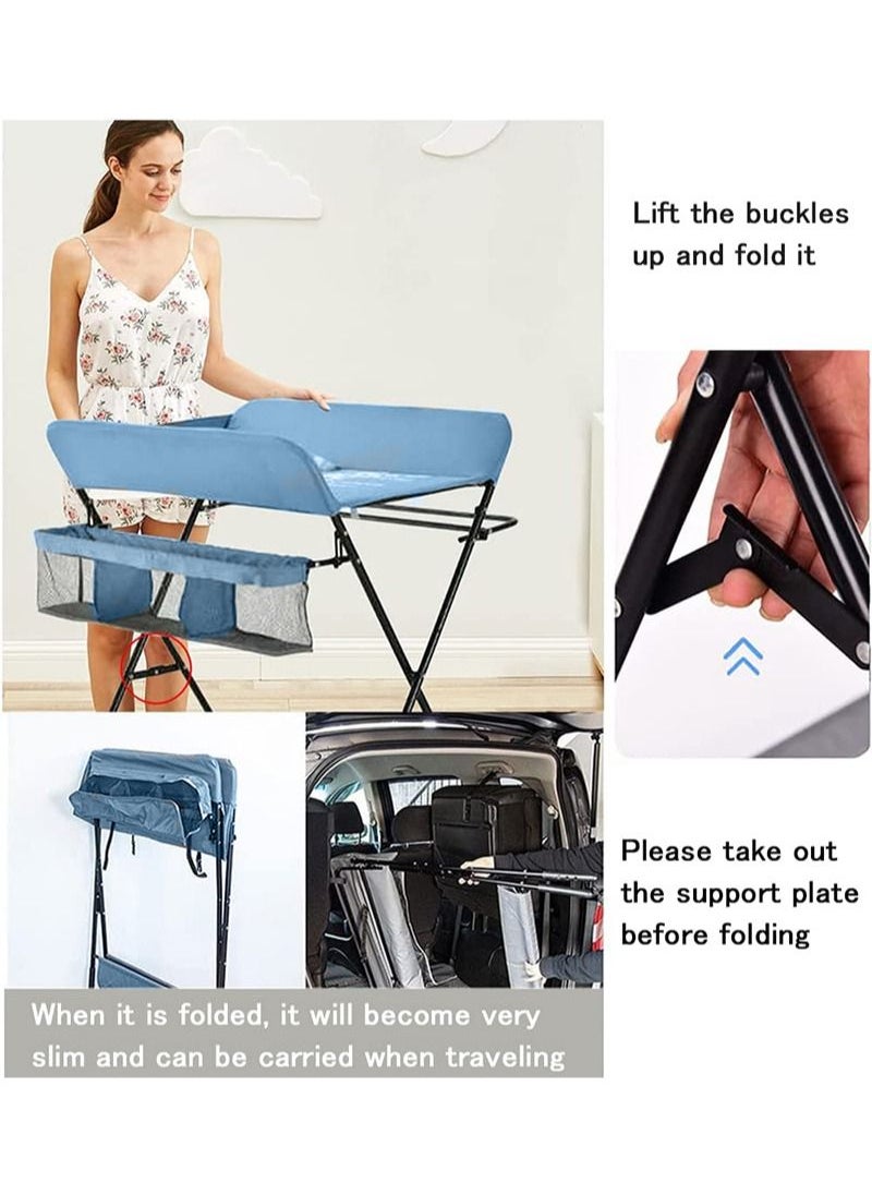 EZdenK - Baby Folding Changing Table with Wheels, Adjustable Height Folding Portable Diaper Station Nursery Organizer with Newborn Clothes Drying Rack and Storage Rack for Infant - Image 1