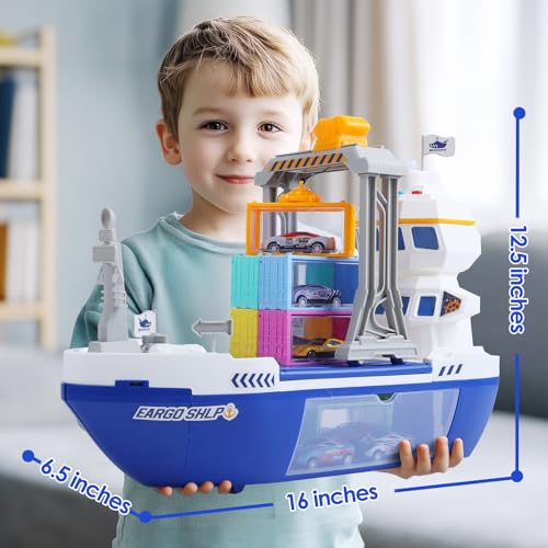 CUTE STONE Cargo Ship Toy Gantry Crane Toy Boat and Crane Playset with Sounds Lights Transport Containers Push and Go Vehicle Cars Kids Play Boats for Boys Girls - Image 5