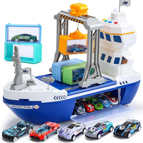 CUTE STONE Cargo Ship Toy Gantry Crane Toy Boat and Crane Playset with Sounds Lights Transport Containers Push and Go Vehicle Cars Kids Play Boats for Boys Girls - Image 1