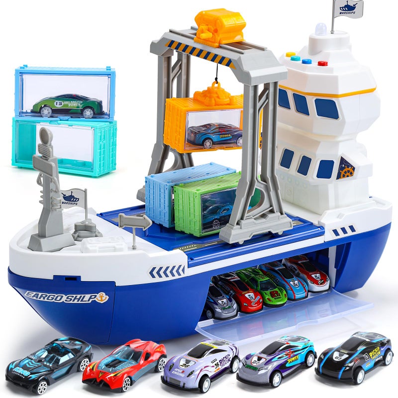 CUTE STONE Cargo Ship Toy Gantry Crane Toy Boat and Crane Playset with Sounds Lights Transport Containers Push and Go Vehicle Cars Kids Play Boats for Boys Girls - Image 2