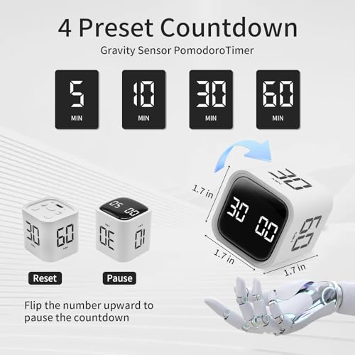 LUCKY TIME Productivity Timer Flip Gravity Sensor Cube Timer Countdown & Countup,Mute & Vibrate & Sound，5/10/30/60min & Custom Timing, Perfect for ADHD,Work,Learning,Kitchen Cooking (1White) - Image 2