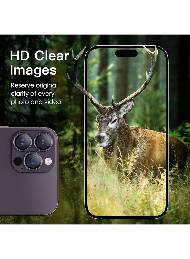 Theodor iPhone 14 Pro/ 14 Pro Max 3 Pcs Camera Lens Protector With 9H Tempered HD Glass Camera Cover Anti Scratch Aluminum Alloy Camera Ring, Purple  - Image 3