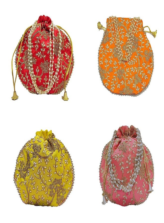 ATHZ 4 Pcs Potli bags (Red,Orange,Yellow,Pink Combo) for women handbags traditional Indian Wristlet with drawstring || ethnic embroidery || return gift wedding bags - Image 1