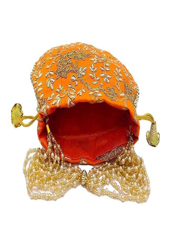 ATHZ 4 Pcs Potli bags (Red,Orange,Yellow,Pink Combo) for women handbags traditional Indian Wristlet with drawstring || ethnic embroidery || return gift wedding bags - Image 4