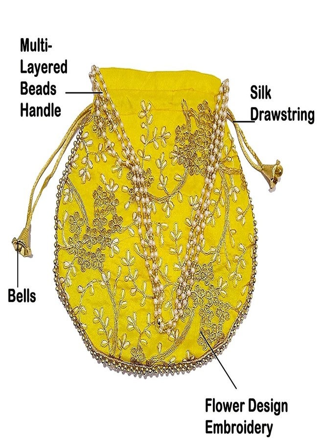 ATHZ 4 Pcs Potli bags (Red,Orange,Yellow,Pink Combo) for women handbags traditional Indian Wristlet with drawstring || ethnic embroidery || return gift wedding bags - Image 5