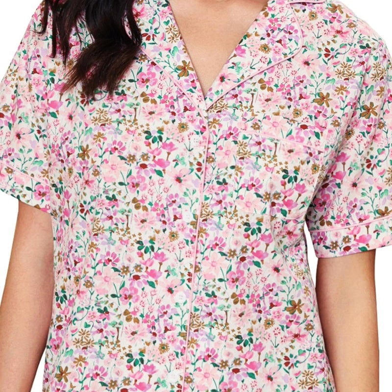 LUBOT 100% Cotton Women's Pajamas Set Button-Down Two-piece PJ Set Short Sleeve Printed Patterned Summer Sleepwear Loungewear (Pink Floral, M) - Image 4