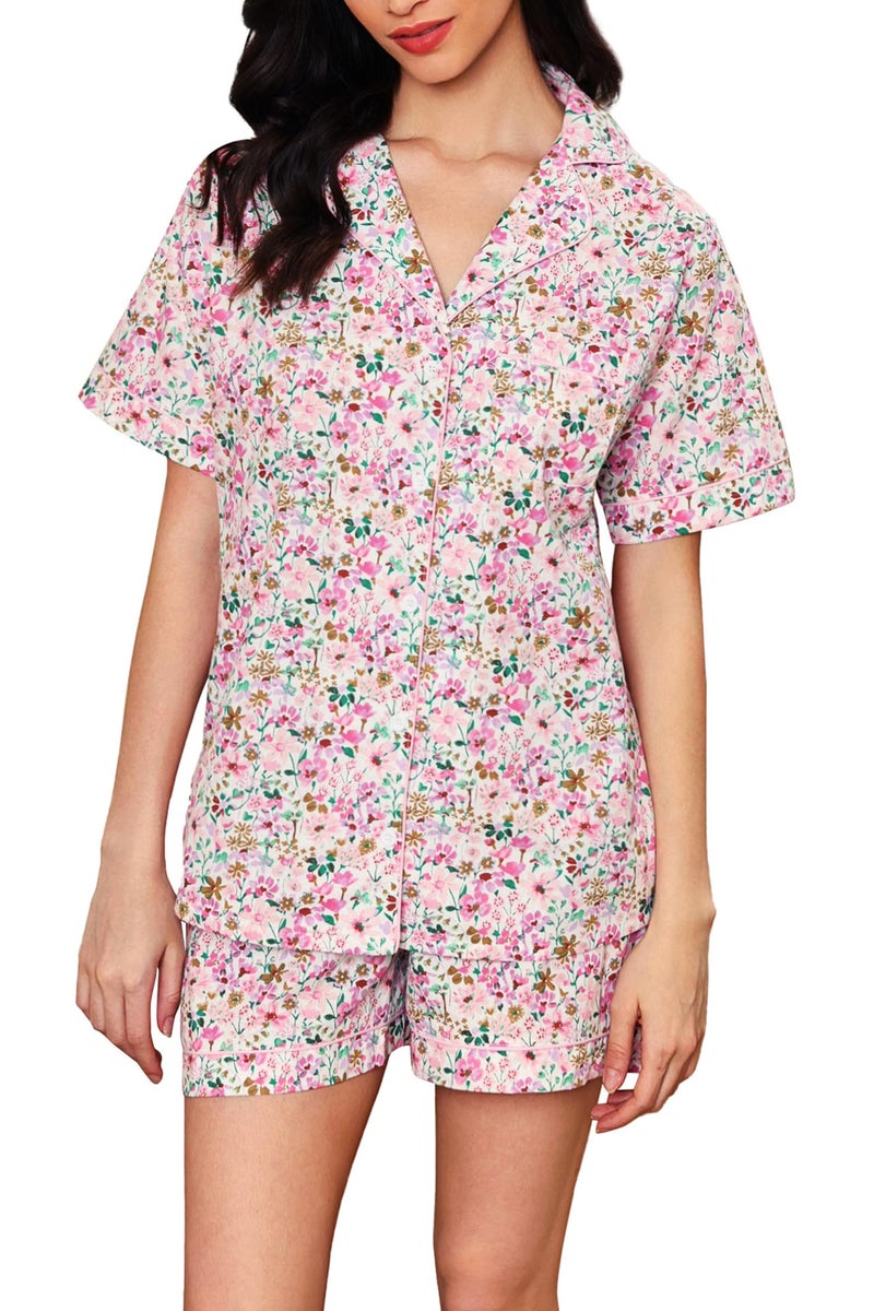 LUBOT 100% Cotton Women's Pajamas Set Button-Down Two-piece PJ Set Short Sleeve Printed Patterned Summer Sleepwear Loungewear (Pink Floral, M) - Image 1