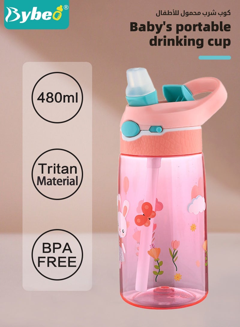 بيبو زجاجة ماء للأطفال من تريتان مع قشاط ومقبض، كوب طفل لطيف مضاد للتسرب، زجاجة شرب للأولاد والبنات في المدرسة، أكواب شرب قابلة لإعادة الاستخدام للاستخدام في الداخل والخارج، للنزهات والسفر بسعة 480 مل. - Image 2