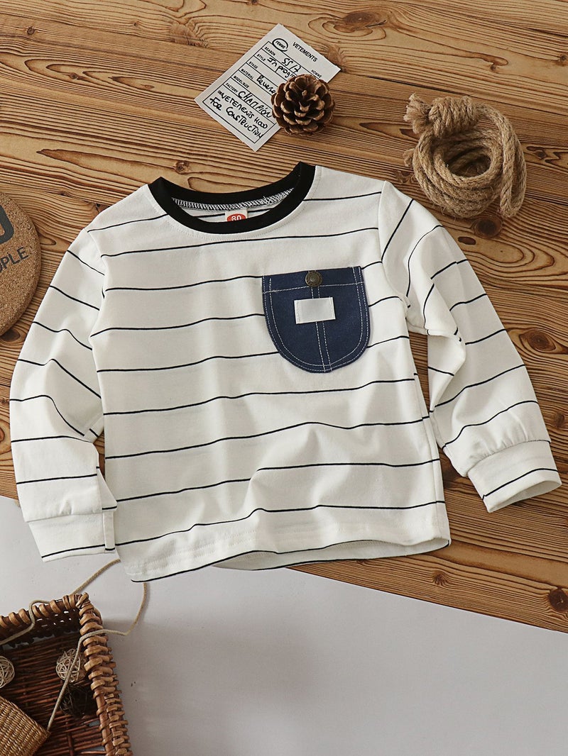 Children'S T-Shirt Boys Long Sleeve Cotton New Arrival Jacket Girls Pocket Striped Letter Baby Base Black - Image 5