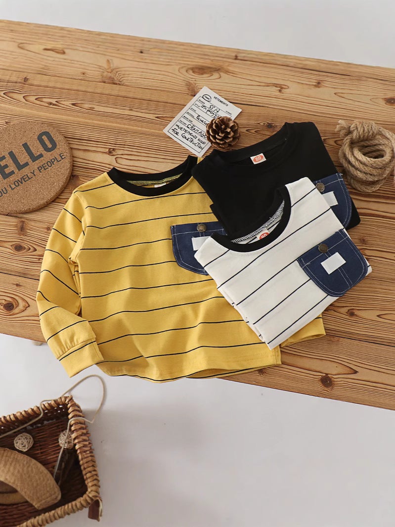 Children'S T-Shirt Boys Long Sleeve Cotton New Arrival Jacket Girls Pocket Striped Letter Baby Base Black - Image 2