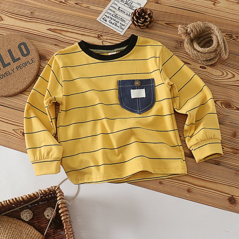 Children'S T-Shirt Boys Long Sleeve Cotton New Arrival Jacket Girls Pocket Striped Letter Baby Base Black - Image 1