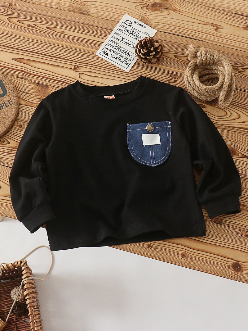 Children'S T-Shirt Boys Long Sleeve Cotton New Arrival Jacket Girls Pocket Striped Letter Baby Base Black - Image 3
