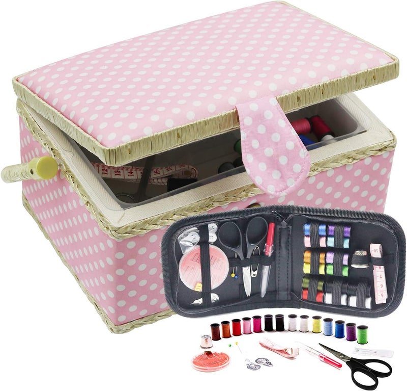 DD Sewing Basket with Sewing Kit, Sewing Box Organizer with Accessories, Sewing Supplies Storage with Sewing Tools Set (Pink, Medium) - Image 1