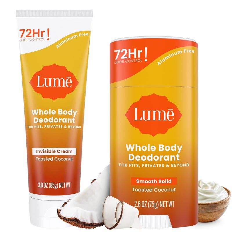 Lume Whole Body Deodorant  Invisible Cream Tube and Solid Stick  72 Hour Odor Control  Aluminum Free Baking Soda Free Skin Safe  30 Ounce 26 Ounce Bundle Toasted Coconut