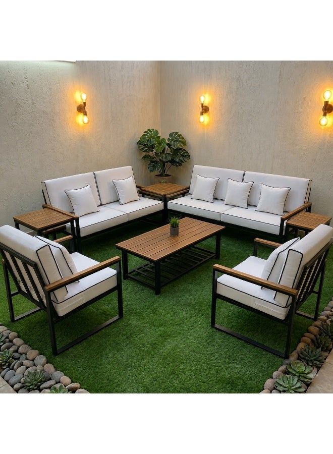 Outdoor Seating Set Made Of Iron And Wood With Comfortable Upholstery in Luxurious Fabric MS_SET_MTL_00028
