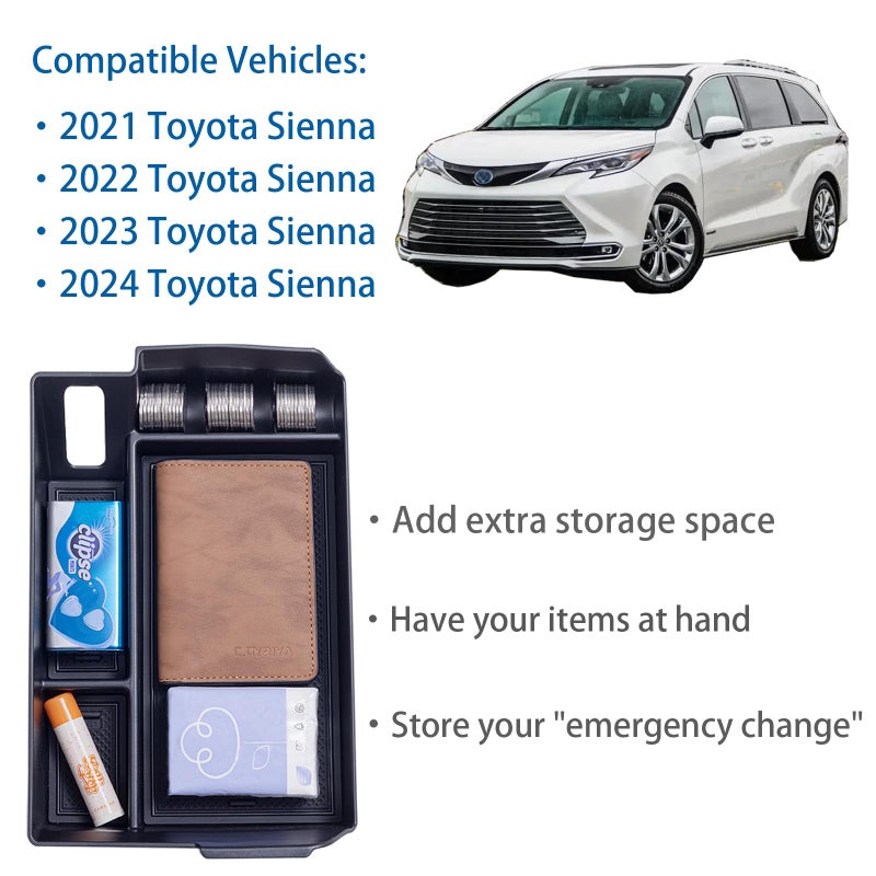 TOPINSTALL منظم وحدة التحكم المركزية TOPINSTALL متوافق مع ملحقات تويوتا سيينا 2021-2024، صندوق مسند الذراع، صينية تخزين ثانوية، حاوية عملات معدنية، بلاستيك ABS - أسود - Image 4