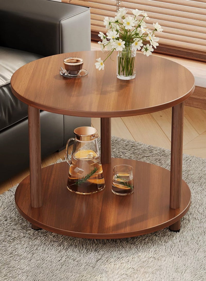 LOOPITYS Small circular coffee table, suitable for small spaces, 20.87 inches high, 2-story brown wooden coffee table with wheels, suitable for open storage spaces in living rooms/balconies/offices, easy to assemble - Image 1