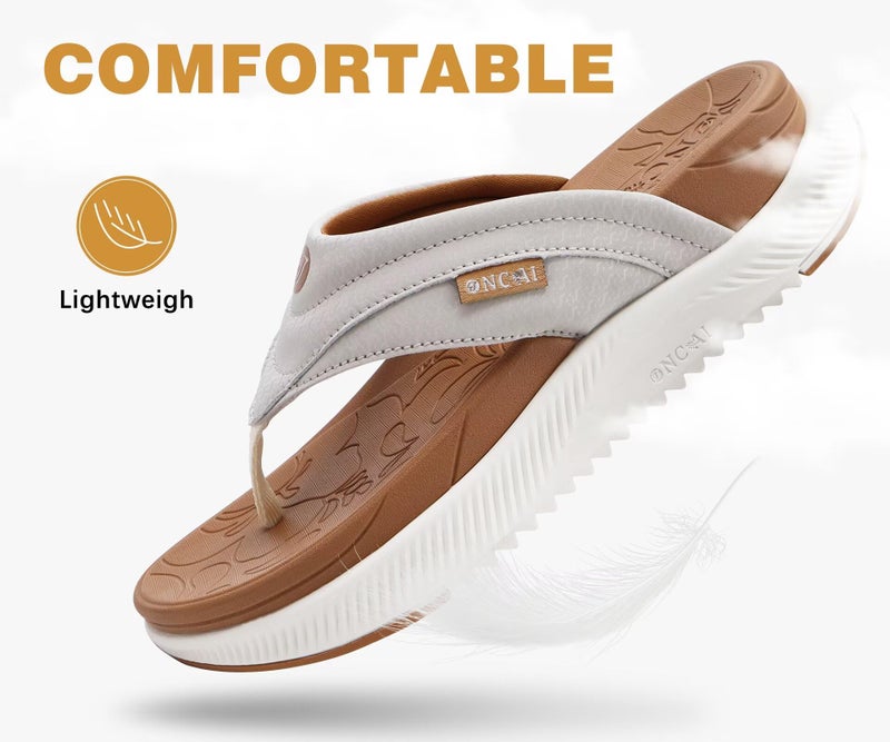 ONCAI Orthopedic Flip Flops Women with Arch Support Ladies Orthotic Recovery Sandals 2025 Comfortable Plantar Fasciitis Slip On Walking Sandal for Womans Indoor Casual Summer KhakiWhite Size 7.5 - Image 5
