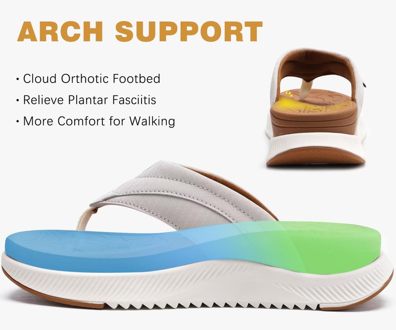ONCAI Orthopedic Flip Flops Women with Arch Support Ladies Orthotic Recovery Sandals 2025 Comfortable Plantar Fasciitis Slip On Walking Sandal for Womans Indoor Casual Summer KhakiWhite Size 7.5 - Image 2