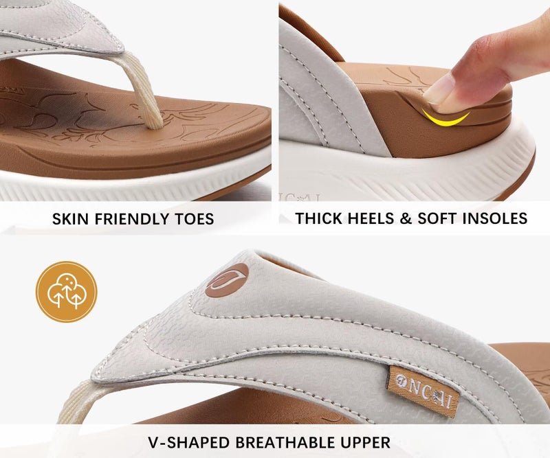 ONCAI Orthopedic Flip Flops Women with Arch Support Ladies Orthotic Recovery Sandals 2025 Comfortable Plantar Fasciitis Slip On Walking Sandal for Womans Indoor Casual Summer KhakiWhite Size 7.5 - Image 4