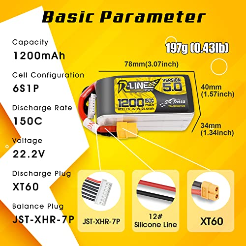 TATTU R-Line Version 5.0 6S Lipo Battery 22.2V 150C 1200mAh Lipo Battery Pack with XT60 Plug for Racing - Image 2