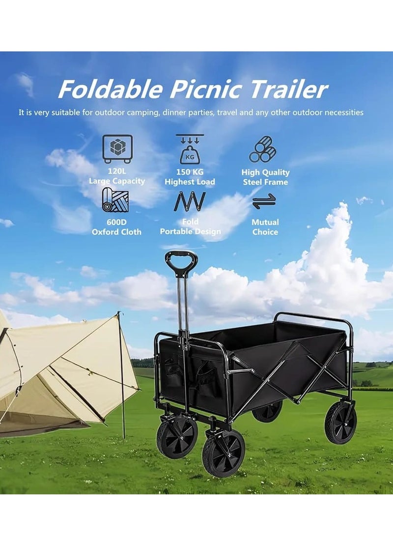 Outdoor Wagon Collapsible with Removable Fabric Festival Garden Camping Picnic Cart Supports Max 150kg Portable Transport Trailer Black  - Image 2