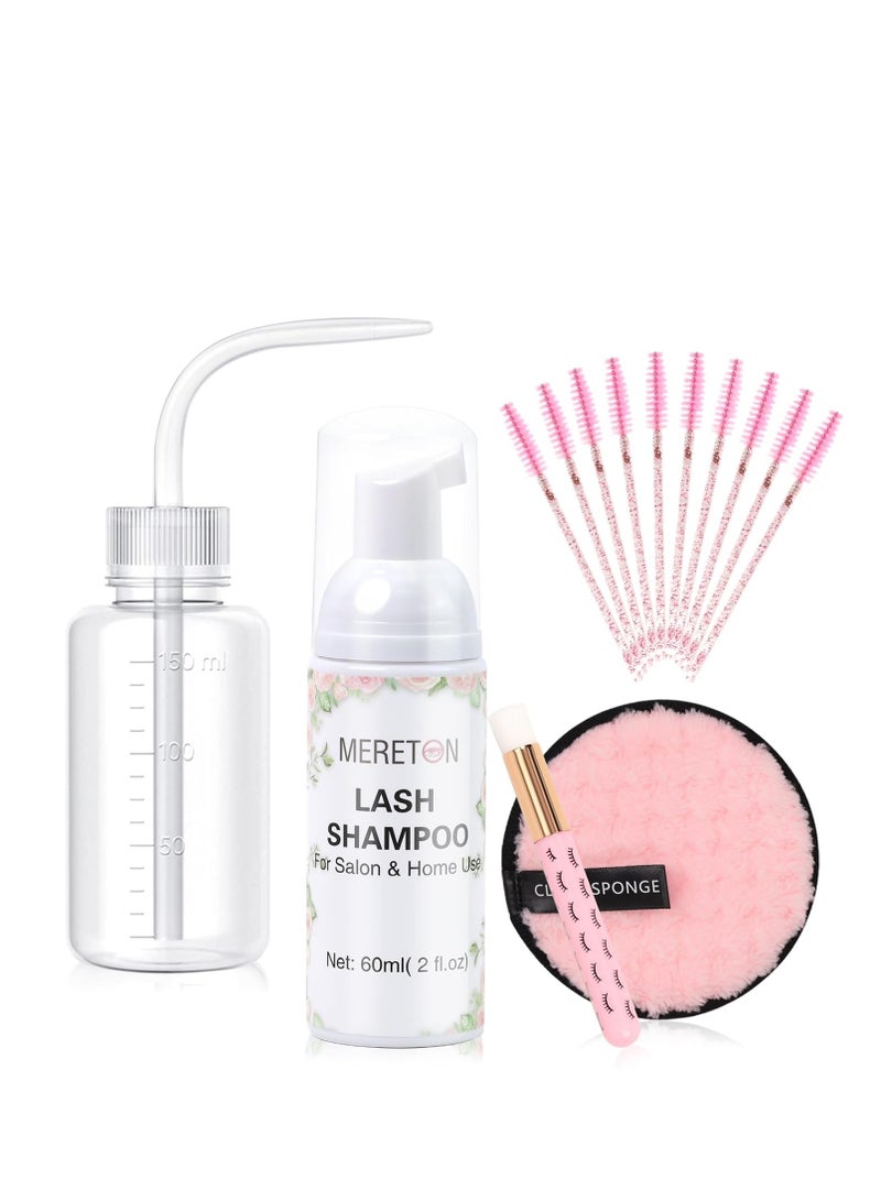 MERETON Lash Shampoo Kit for Lash Extensions, Eyelash Extension Cleanser Lash Cleaner Lash Cleaning Kit for Cluster Lashes Lash Bath with Makeup Pad+ Brush+Rinse Bottle, Oil Free Foam  - Image 1