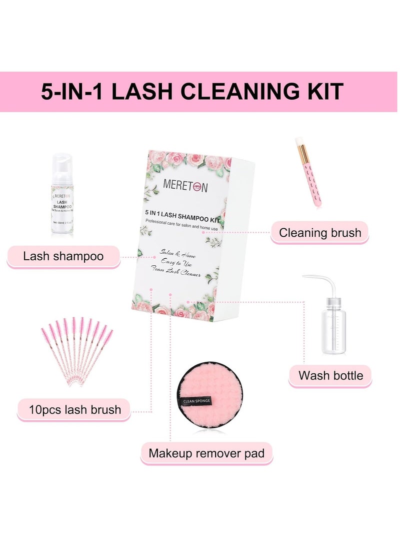 MERETON Lash Shampoo Kit for Lash Extensions, Eyelash Extension Cleanser Lash Cleaner Lash Cleaning Kit for Cluster Lashes Lash Bath with Makeup Pad+ Brush+Rinse Bottle, Oil Free Foam  - Image 2