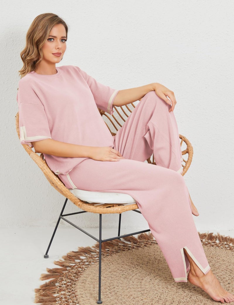Tanming Sweater Sets Women 2 Piece Lounge Sets Short Sleeve Knit Pullover Tops Wide Leg Pants (Pink-M) - Image 5