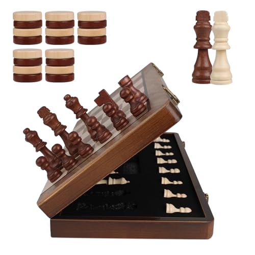 Demiwise Magnetic 2 in 1 Chess Set15 inch Chess Checkers SetWooden Handmade Folding Portable Travel Chess Board Game for AdultExtra 2 Queen with Manual and Storage Bag - Image 1