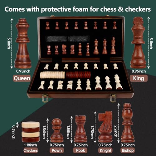 Demiwise Magnetic 2 in 1 Chess Set15 inch Chess Checkers SetWooden Handmade Folding Portable Travel Chess Board Game for AdultExtra 2 Queen with Manual and Storage Bag - Image 5
