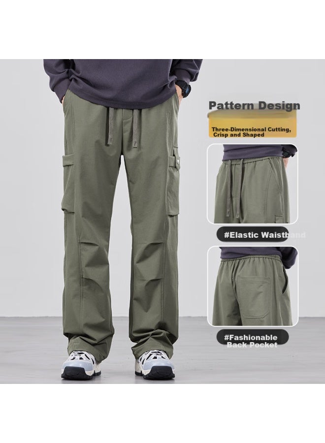 Hipanda Men's Casual Pants, American-style Autumn Trendy Loose-fit Versatile Straight-leg Wide-leg Casual Cargo Pants, Army Green, XL - Image 1