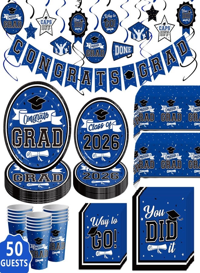 DAZONGE Blue Graduation Decorations Class of 2023, Graduation Party Supplies for 50 Guests, Disposable Graduation Tableware Kit Includes Plates, Napkins, Cups, Tablecloth and Graduation Hanging Swirls - Image 1