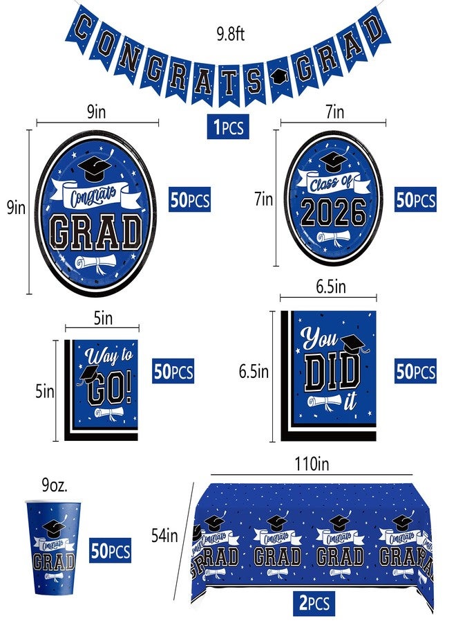 DAZONGE Blue Graduation Decorations Class of 2023, Graduation Party Supplies for 50 Guests, Disposable Graduation Tableware Kit Includes Plates, Napkins, Cups, Tablecloth and Graduation Hanging Swirls - Image 3