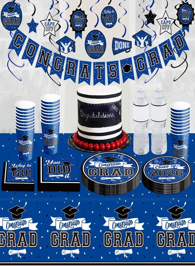DAZONGE Blue Graduation Decorations Class of 2023, Graduation Party Supplies for 50 Guests, Disposable Graduation Tableware Kit Includes Plates, Napkins, Cups, Tablecloth and Graduation Hanging Swirls - Image 5