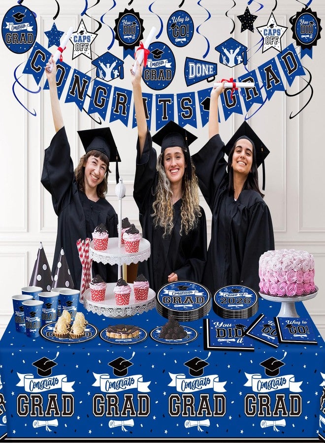 DAZONGE Blue Graduation Decorations Class of 2023, Graduation Party Supplies for 50 Guests, Disposable Graduation Tableware Kit Includes Plates, Napkins, Cups, Tablecloth and Graduation Hanging Swirls - Image 2