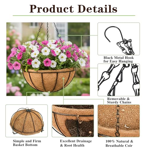EIMQUVW Outdoor Metal Hanging Planters Basket (4pack, 14 inch) Hanging Baskets for Plants Chain Round Wire Plant Holder with Coco Fiber Liners for Garden, Patio, Deck, Porch - Image 5