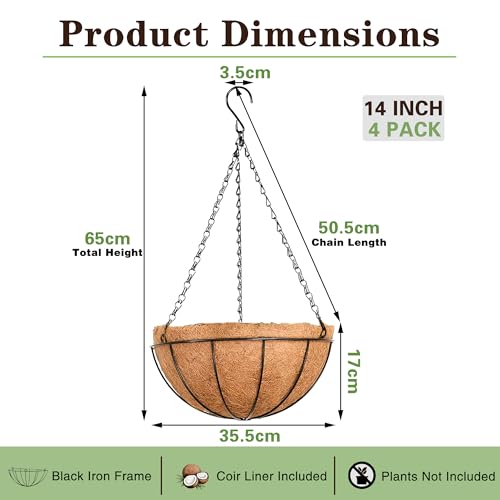 EIMQUVW Outdoor Metal Hanging Planters Basket (4pack, 14 inch) Hanging Baskets for Plants Chain Round Wire Plant Holder with Coco Fiber Liners for Garden, Patio, Deck, Porch - Image 4