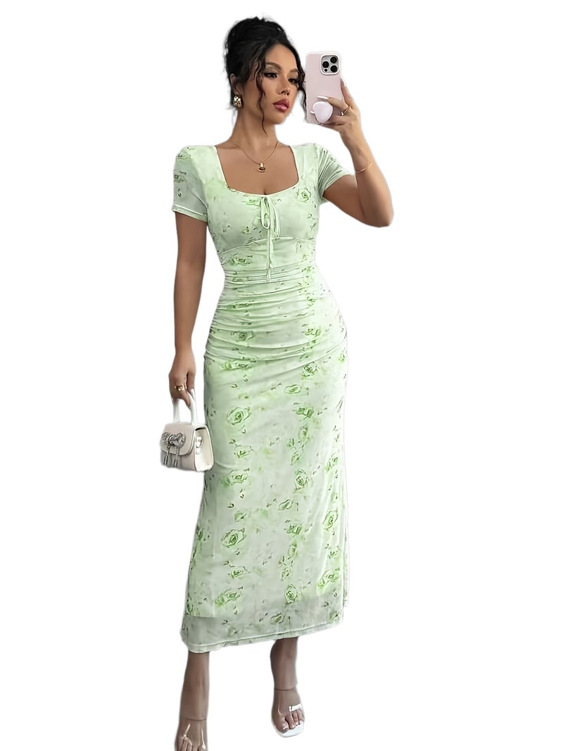 2026 New Women'S Floral Square Neck Short Sleeve Printed Dress, Chest Tie Detail, Mesh Sleeve Contrast Skirt, Elegant Easy Casual with Subtle Design, Daily Commute Outfit - Image 1