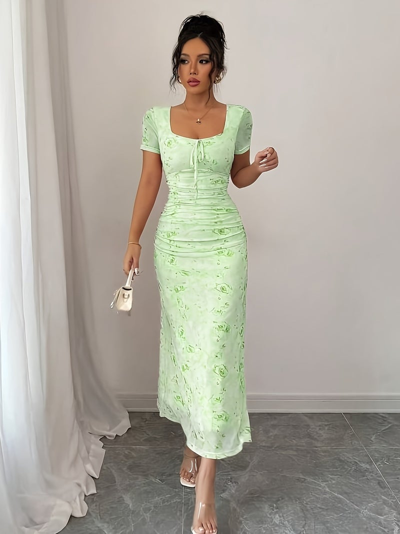 2026 New Women'S Floral Square Neck Short Sleeve Printed Dress, Chest Tie Detail, Mesh Sleeve Contrast Skirt, Elegant Easy Casual with Subtle Design, Daily Commute Outfit - Image 5