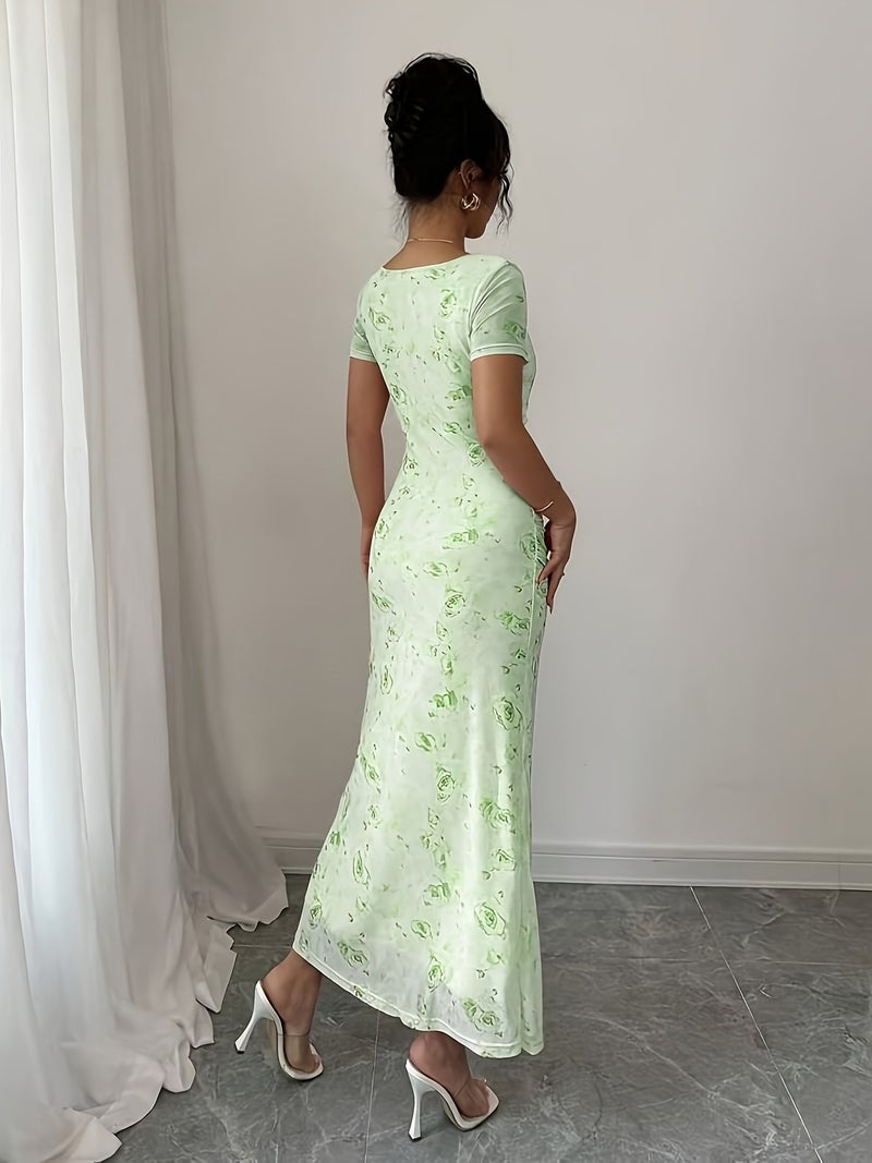 2026 New Women'S Floral Square Neck Short Sleeve Printed Dress, Chest Tie Detail, Mesh Sleeve Contrast Skirt, Elegant Easy Casual with Subtle Design, Daily Commute Outfit - Image 2